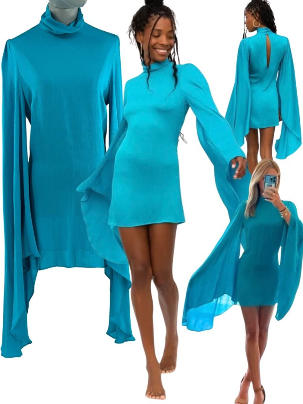 🆕 RAT & BOA 🧿 NWOT Farrah Long Bell Sleeve Mini Dress, Turquoise Blue - Sz S